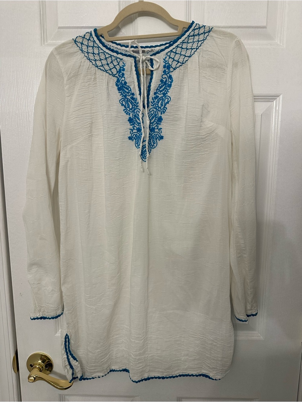 Athleta swim cover White Tunic with Blue Embroidered Neckline